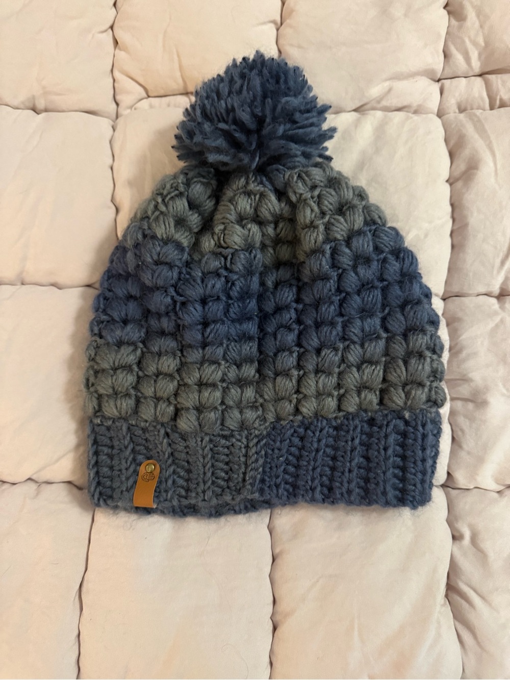 Chunky Blue-Gray Pom Beanie with Branded Leather Tag